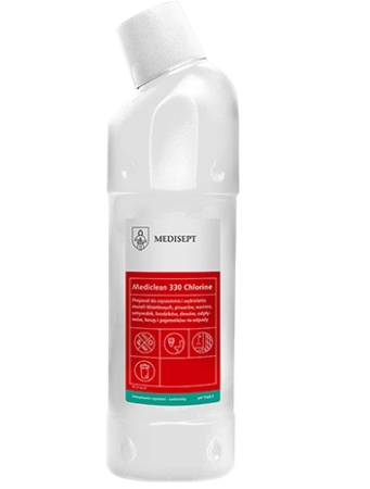 Medisept Mediclean 330  Chlorine Preparat do czyszczenia i wybielania: muszli klozetowych, pisuarów, wanien, umywalek, brodzików, zlewów, odpływów, koszy i pojemników na odpady 750 ml